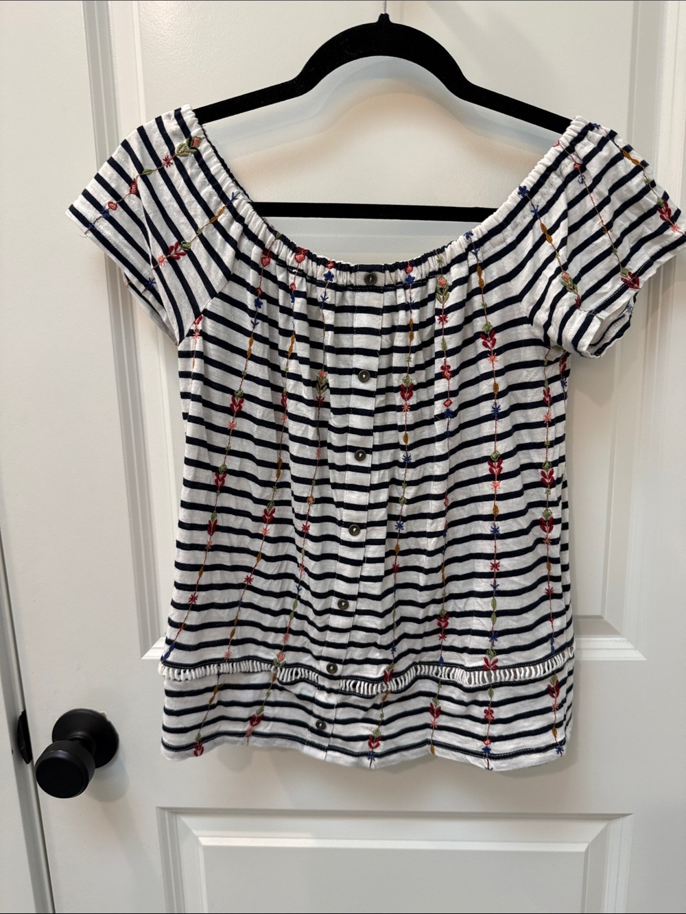 Lucky Brand Striped Off-Shoulder Embroidered Top — White & Navy